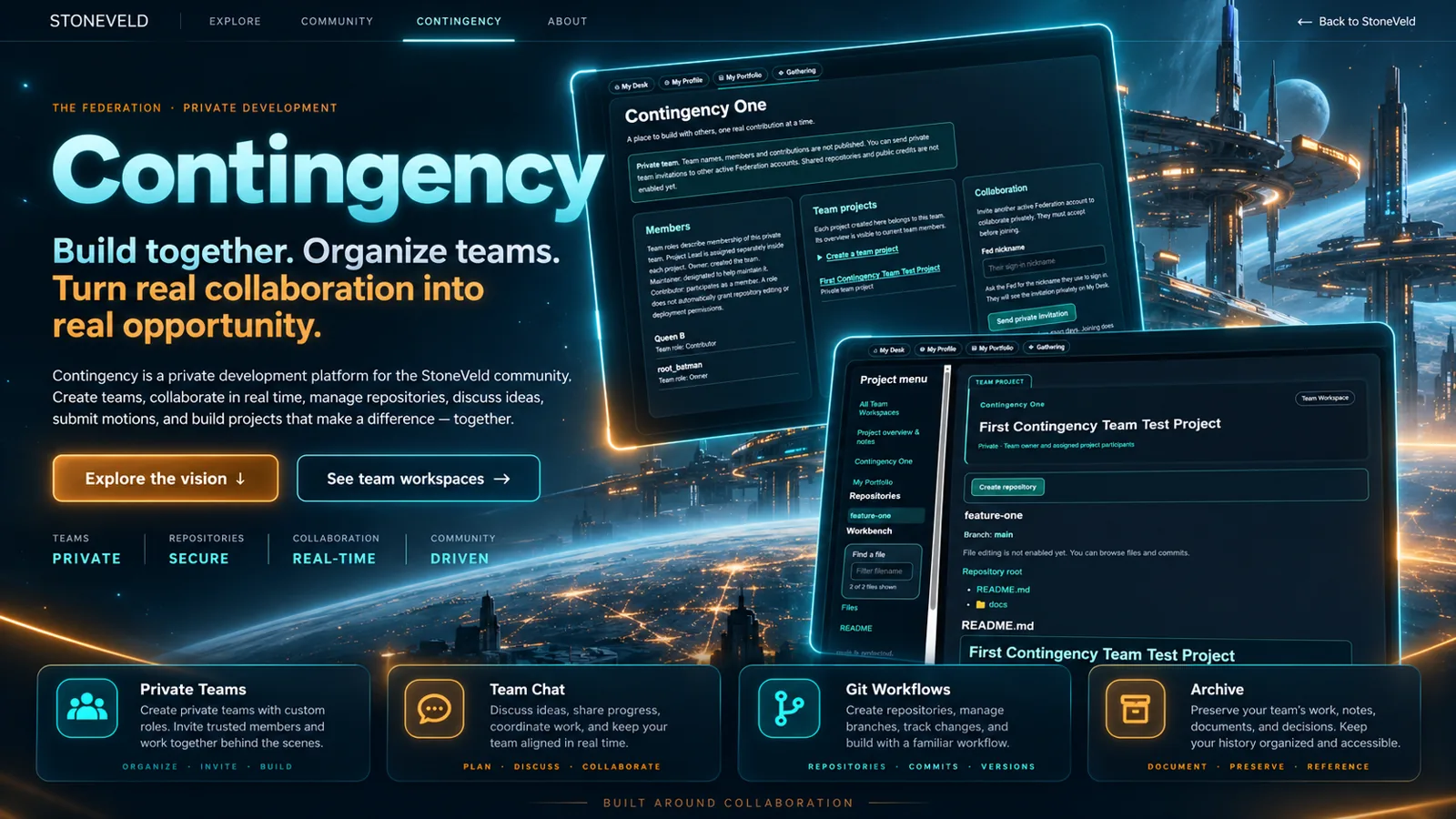 Illustrated Contingency launch concept showing Teams, project spaces and Git collaboration in a futuristic setting
